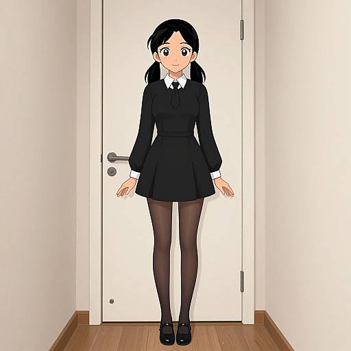 Anime-style digital drawing of a black-haired girl in a black dress, white collar, black stockings, and black shoes, standing in a white-walled