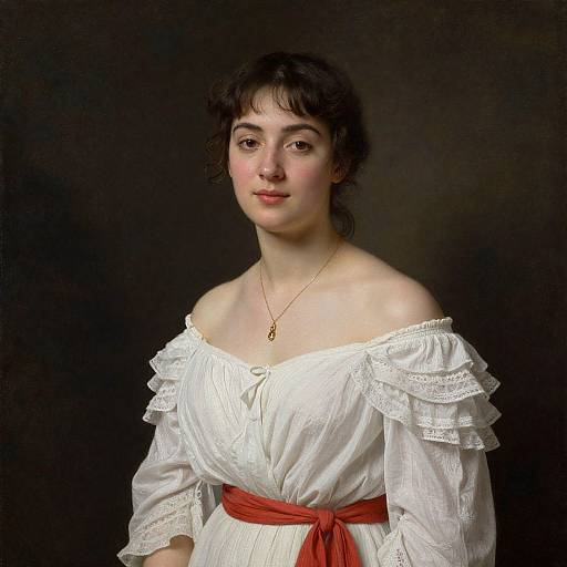 Photograph of a young woman with fair skin, dark hair, wearing a white off-shoulder dress with lace trim, red sash, and