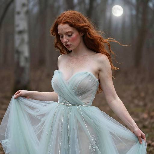 Photograph of a fair-skinned, red-haired woman in a sheer, strapless, light blue tulle gown with pearl embellishments, standing in