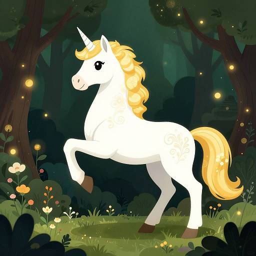 Digital illustration of a white unicorn with a golden mane and tail, standing on one leg in a dark, enchanted forest filled with glowing fireflies and colorful