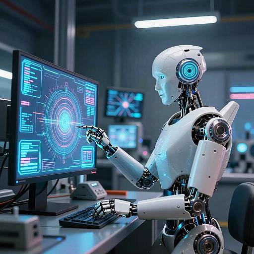 Photograph of a white humanoid robot with blue glowing eyes, typing on a keyboard in a dimly lit, futuristic control room, interacting with a holog