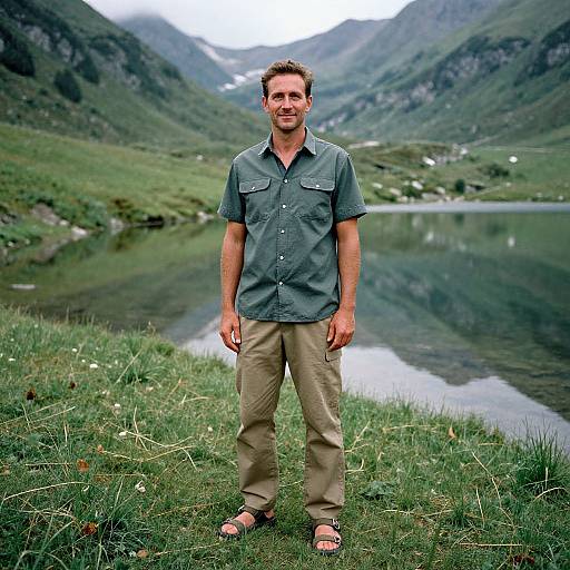 Photograph of a smiling, middle-aged man with short brown hair, wearing a green shirt, beige pants, and sandals, standing in a grassy