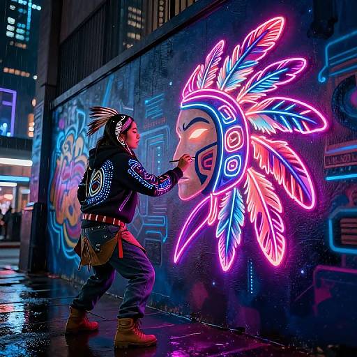 Photograph of a person in neon feather headpiece and tribal shirt, touching vibrant neon graffiti on a wet urban wall at night.