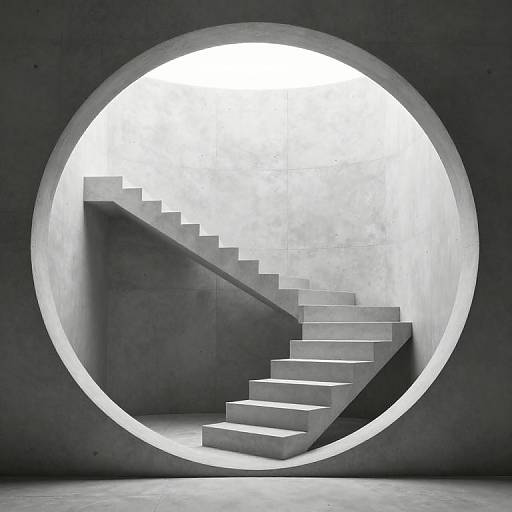 Photograph of a modern, circular-framed staircase with white steps, set against a gray concrete wall, illuminated by bright circular light.