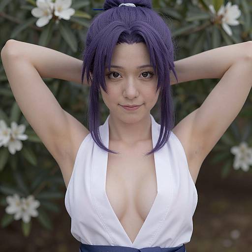 Photograph of an Asian woman with purple hair in a ponytail, wearing a white halter top, arms raised, revealing cleavage, standing against