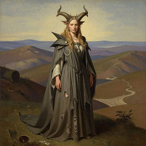 Digital artwork of a regal woman with long blonde hair, dark horned crown, and tattered dark robe, standing in a hilly landscape.