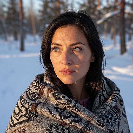 Photograph of a fair-skinned woman with black hair, blue eyes, and patterned shawl, standing in a snowy forest, sunlight illuminating