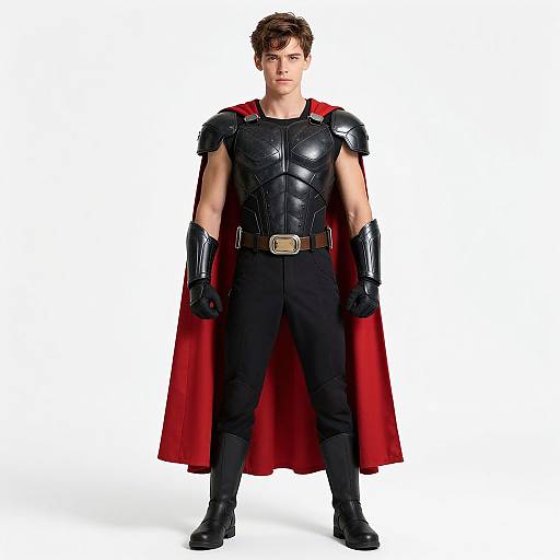 Photograph of a muscular, brown-haired man in black armor, red cape, black pants, and gloves, standing confidently against a white background.