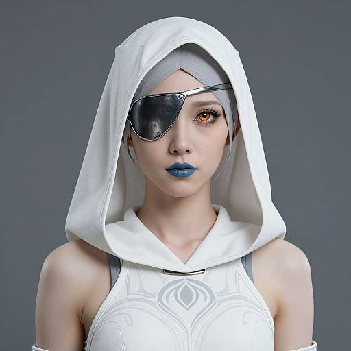 Photorealistic digital portrait of a pale-skinned woman with gray hood, black eyepatch, orange eye, blue lipstick, white sleeveless top