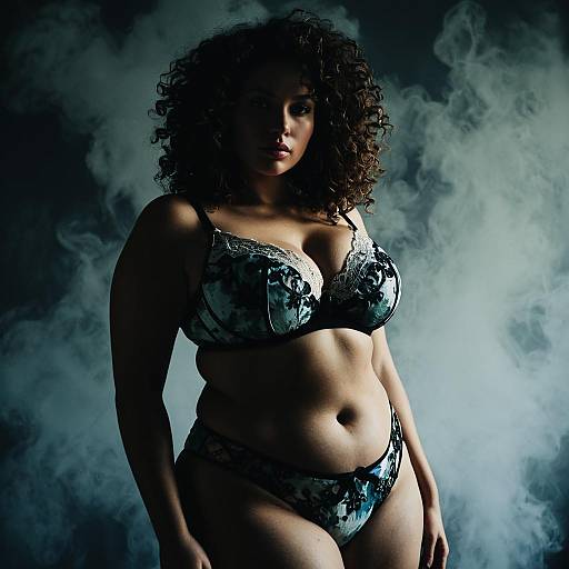 Curvy Woman in Embroidered Lingerie with Dramatic Lighting
