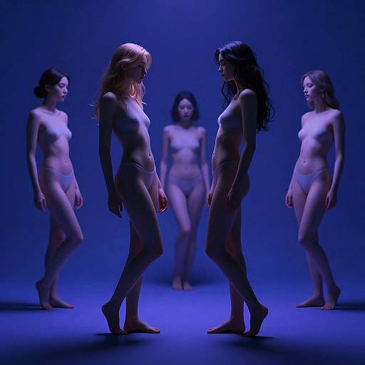 Photograph of five nude women with varying hair colors and lengths, standing in a blue-lit studio, facing each other in a semi-circle. Soft