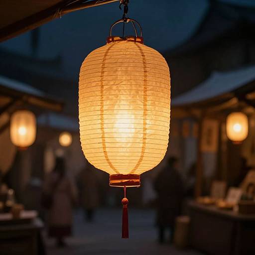 Photograph of a glowing orange paper lantern hanging in a dimly lit, traditional market at night, with blurred, warm-lit background.
