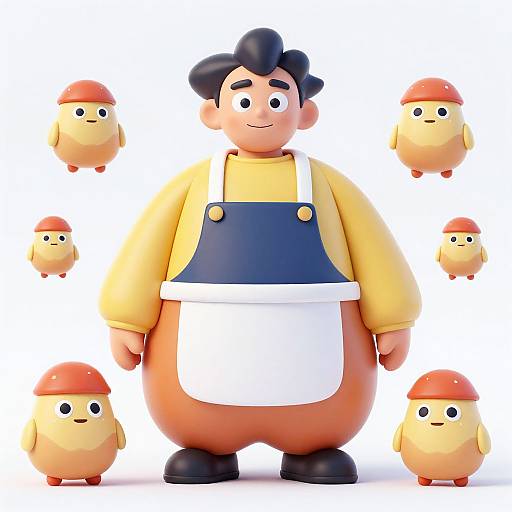 CGI illustration of a chubby, smiling man with black hair, yellow shirt, blue overalls, surrounded by five small, yellow, red-capped