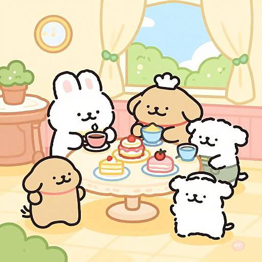 Adorable cartoon dogs enjoy a colorful tea party with cakes and drinks in a bright, sunny room. Digital art, pastel colors.
