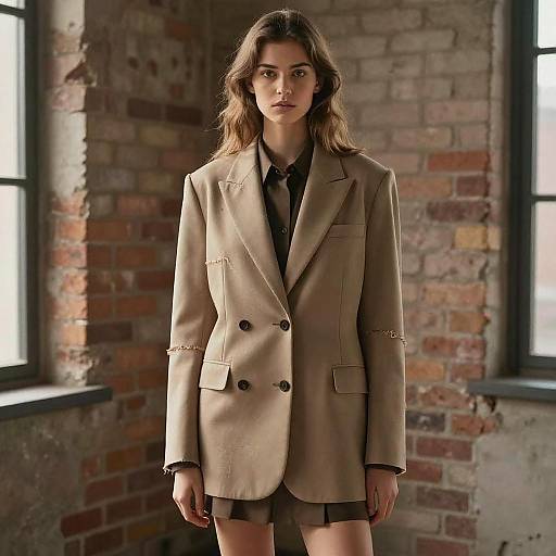 Photograph of a young woman with wavy brown hair, wearing a beige double-breasted blazer with gold embroidery, standing in a rustic brick-w
