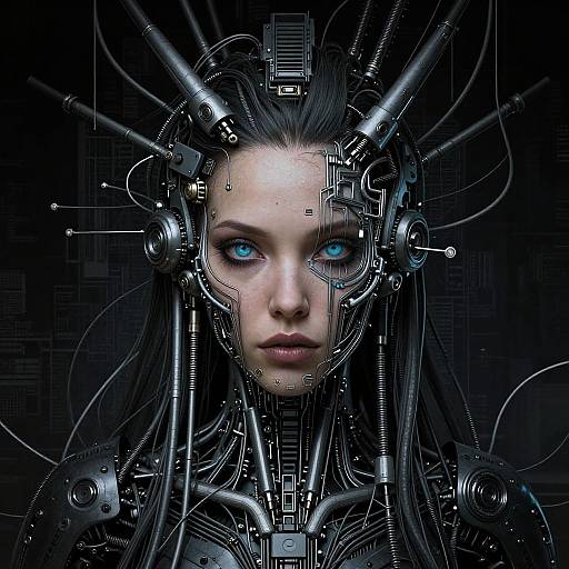 Digital artwork of a cybernetic woman with blue eyes, black hair, and intricate robotic headgear, set against a dark, grid-like background.