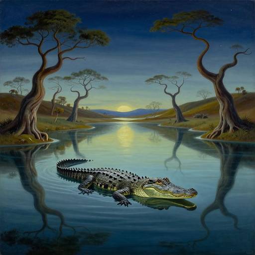 Digital illustration of a crocodile floating in a reflective, serene lake at sunset, surrounded by twisted trees and hills.