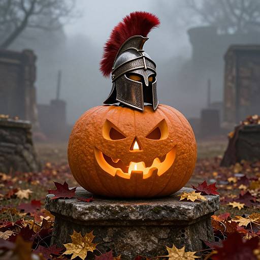 Photograph of a carved, glowing jack-o'-lantern with a medieval helmet and red plume, sitting on a stone pillar in a foggy