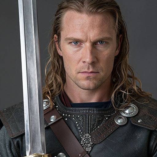 Photograph of a stern, blue-eyed, long-haired man with a sword, wearing a dark, ornate medieval armor with silver accents.