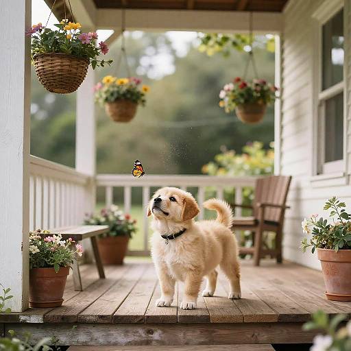 Puppy Playing with Butterfly on Porch