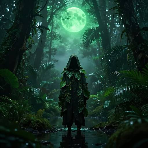 Digital artwork: Silhouetted figure with leafy cloak stands in a mystical, moonlit jungle, surrounded by lush greenery and fog, with