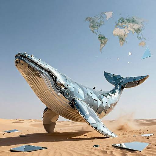 Digital artwork of a shattered, pixelated blue whale standing in a sandy desert with a fragmented world map floating in the sky.