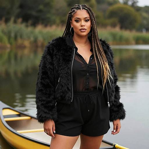 Photograph of a Black woman with braided hair, wearing a black fur jacket and shorts, standing by a calm lake with a yellow kayak in the