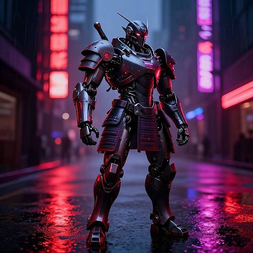 Cybernetic warrior in shiny black armor stands on a neon-lit, rainy city street, surrounded by vibrant pink and red lights. Digital art