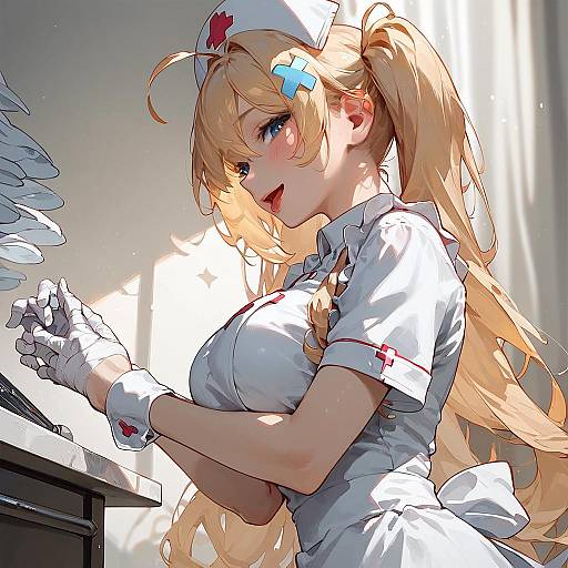 Anime Nurse with Long Blonde Hair and Bandaged Arm
