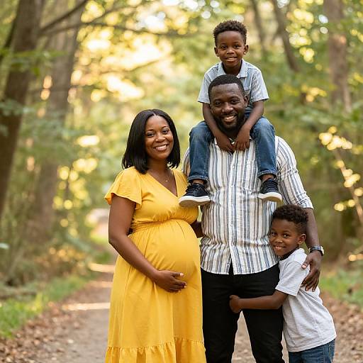 Photograph of a smiling African-American family in a sunlit forest: pregnant mother in yellow dress, father in striped shirt, two children, one on