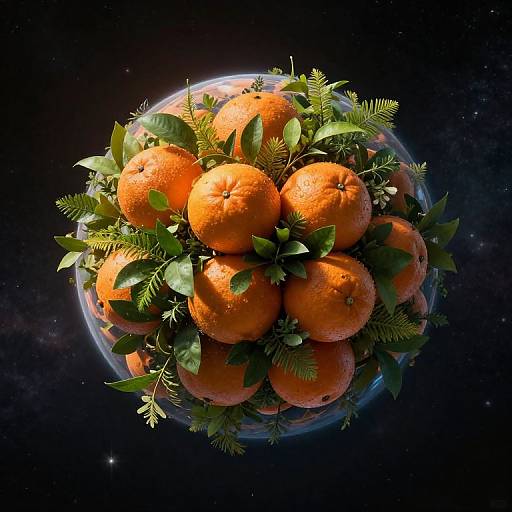 Photograph of a spherical arrangement of bright orange oranges with green leaves and ferns, set against a dark, starry outer space background, with a
