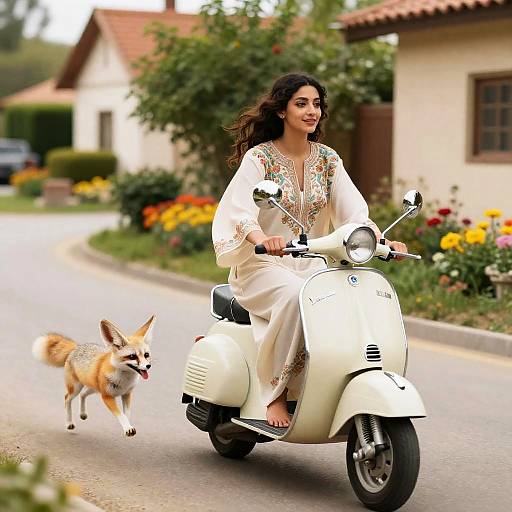 Whimsical Kaftan Vespa Ride with Fox
