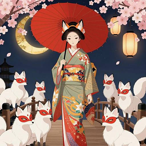 Serene Japanese Woman with Foxes