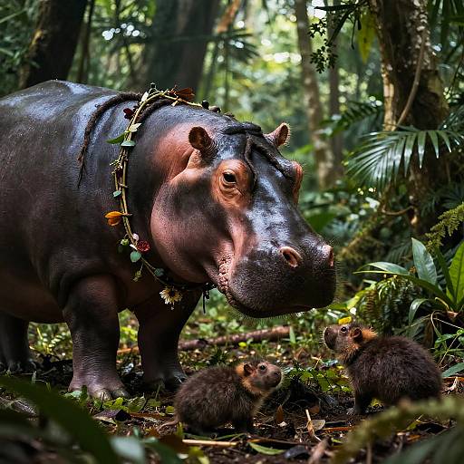 Photograph of a large, dark-skinned hippopotamus wearing a leafy necklace in a lush, dense jungle, standing beside two small, brown