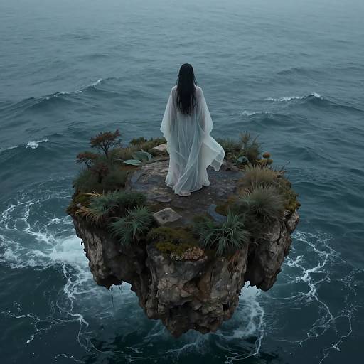 Digital art: A woman with long black hair in a white, flowing dress stands alone on a small, rocky island surrounded by dark, choppy ocean