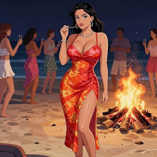 Digital illustration of a curvy woman in a red, patterned, slit-dress, standing by a beach bonfire, smoking a cigarette, surrounded