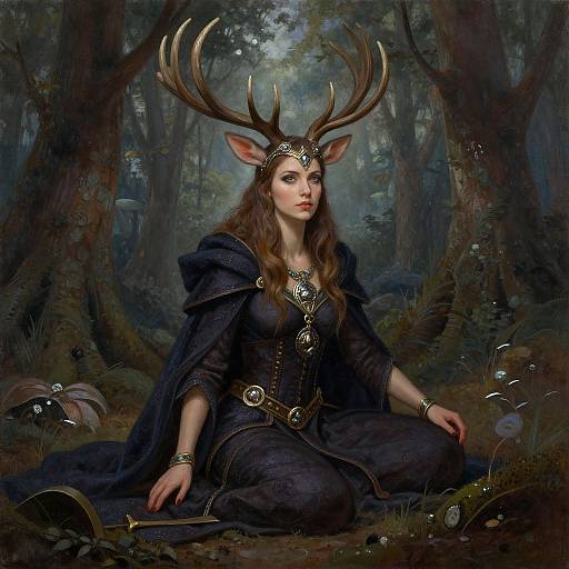 Digital painting of a mystical woman with deer antlers, long brown hair, dark medieval attire, sitting in a dense, enchanted forest.