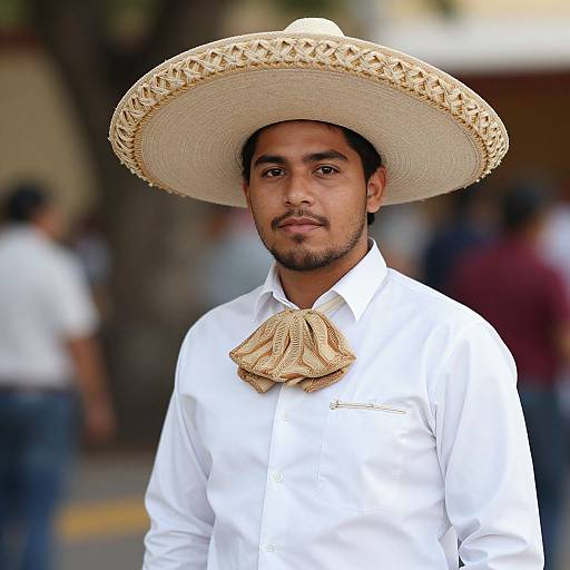 Photograph of a young man with medium brown skin, black hair, and light beard, wearing a large white straw sombrero, white shirt, and