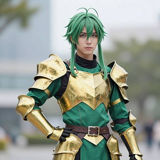 Photorealistic CGI of a green-haired, young male cosplayer in golden armor and green tunic, standing confidently outdoors with a blurred city background.