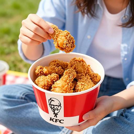 Photograph of a person in a blue shirt and white tee, holding a red KFC bucket filled with crispy fried chicken, lifting a piece with their