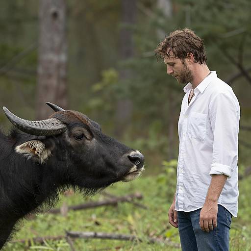 Man and Buffalo in a Forest Scene