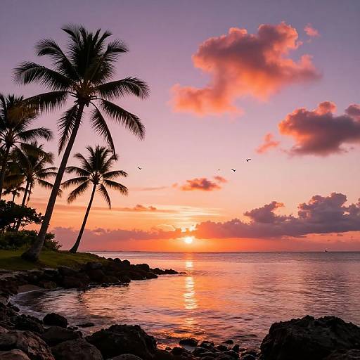 Photograph of a vibrant sunset over a tropical beach, featuring silhouetted palm trees, colorful clouds, and reflective orange-hued water.