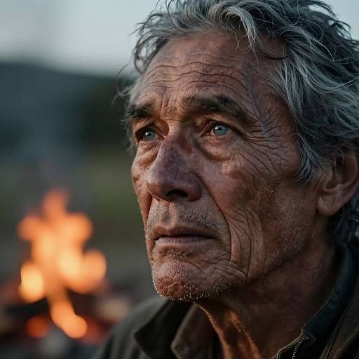 Photograph of an elderly man with weathered, wrinkled face, grey hair, and deep-set eyes, gazing pensively at a blurred camp