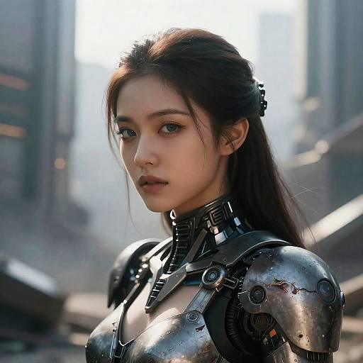 Cyborg Femme Fatale in Ruined City