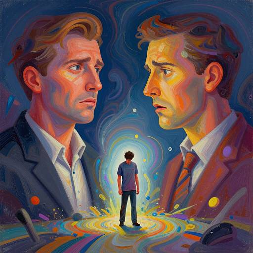 Digital painting of two large, intense, colorful male faces in a suit and tie, facing each other, with a small, central figure in a blue