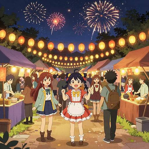 Anime-style digital drawing of a nighttime festival with colorful lanterns, fireworks, and people in casual clothes enjoying food from stalls.