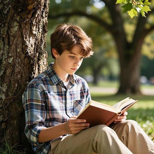 Photograph of a young boy with brown hair, wearing a blue plaid shirt and beige pants, sitting against a tree, reading a book in a