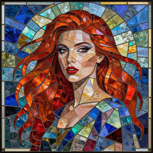 Vibrant mosaic portrait of a red-haired woman with intense gaze, bold red lips, surrounded by colorful glass tiles, creating a stained glass effect.