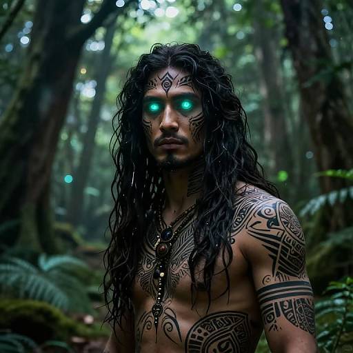 Photorealistic CGI of a tribal forest warrior with glowing green eyes, long wet black hair, intricate tattoos, and necklace, standing in a dense,