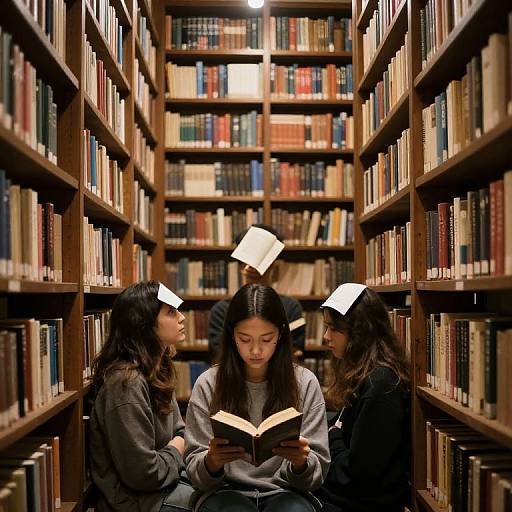 Photograph of three Asian women with long black hair, wearing casual clothes, sitting between tall wooden bookshelves, reading books with white bookmarks, in